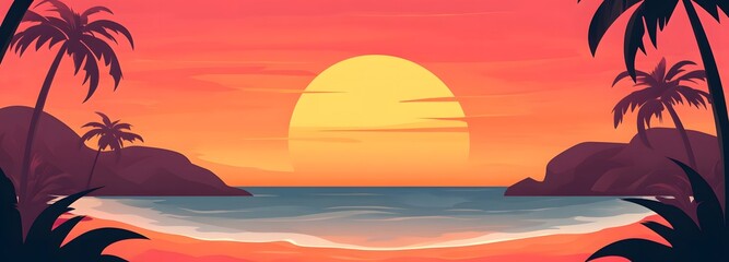 A breathtaking beach sunset with vibrant orange and pink hues filling the sky, casting a warm glow over the calm ocean. Gentle waves lap against the shore, while silhouettes of palm trees frame the