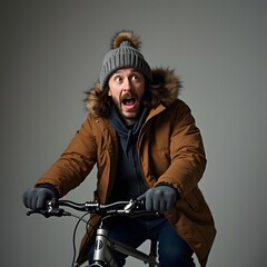 Naklejka premium Winter Revelation: The Multiracial Genderfluid Cyclist's Surprised Journey