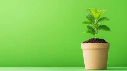 Fototapeta premium Fresh Green Plant in a Pot on Vibrant Green Background for Nature