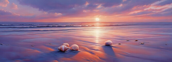 A tranquil beach at sunset, with the sun dipping just below the horizon, painting the sky in shades of purple, red, and gold. The soft, wet sand reflects the colors, while a few seashells are