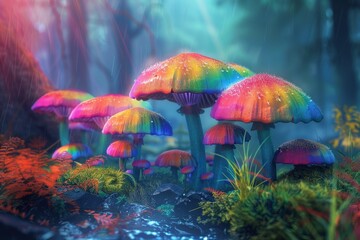 Fototapeta premium Vibrant, multicolored mushrooms flourish in a mystical landscape under a rainbow arching through a bright sky