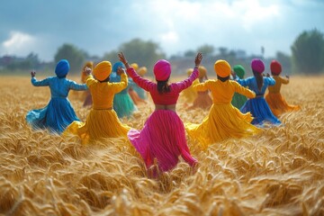 A traditional Baisakhi celebration in Punjab with energetic Bhangra dancers in colorful turbans performing in golden wheat fields, copy space background