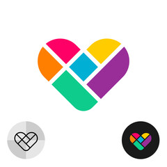 Heart colorful mosaic logo. Geometric style heart symbol with square and rounded vibrant contrast colors figures.