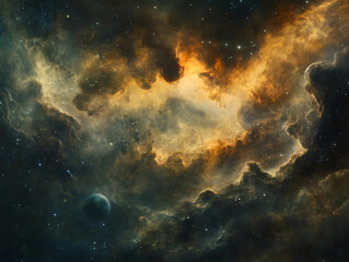Fototapeta premium panoramic view of the Jovian moons orbiting in the vastness of space, with swirling cosmic clouds 