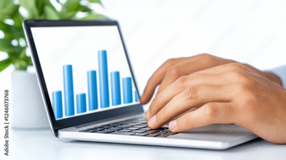 Poster hands typing on laptop with data chart displayed on screen