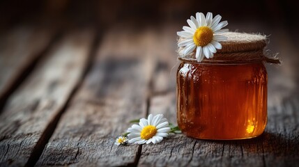 Fototapeta premium Honey jar, daisies, rustic wood, food photography