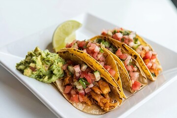 Delicious Tacos with Guacamole and Lime on White Plate Authentic Mexican Cuisine Delight