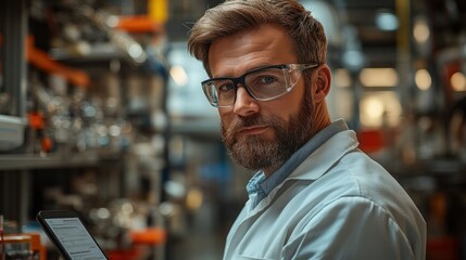 Fototapeta premium Scientist working in a laboratory setting with advanced equipment and focused expression while holding a tablet