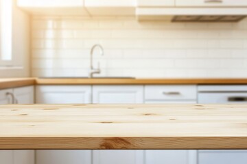 Empty wooden kitchen counter, sunny, bright background, product placement