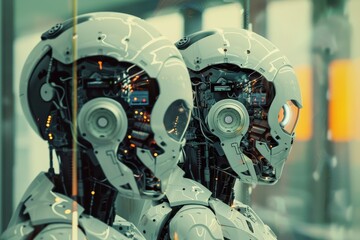 Fototapeta premium Robot figure sits contemplatively by serene water surrounded by vibrant, colorful foliage in a tranquil setting