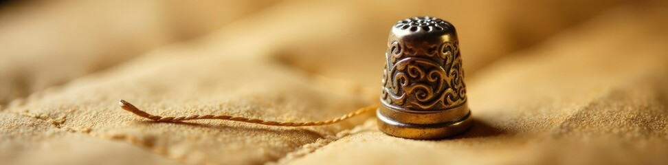 Thimble with needle and thread on light tan fabric, handmade, quilt