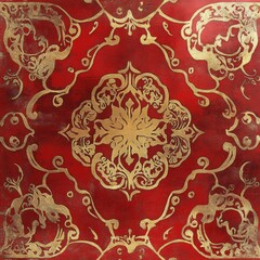 Red and gold wallpaper with intricate chinese patterns and designs for elegant home decor