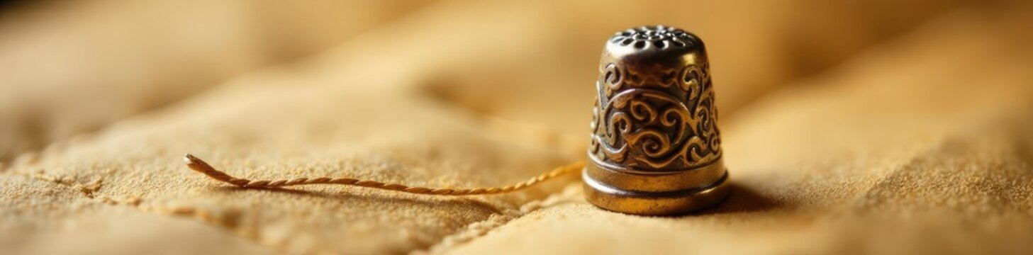 Thimble with needle and thread on light tan fabric, handmade, quilt