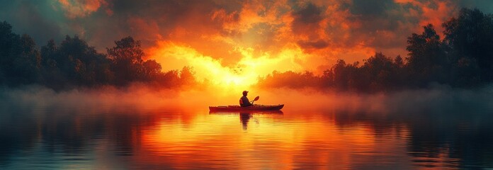 Fototapeta premium Sunset Kayak Adventure on Calm Lake with Mountain Reflection