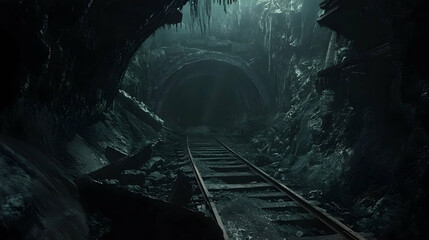Abandoned dark underground tunnel with overgrown rails and mysterious atmosphere