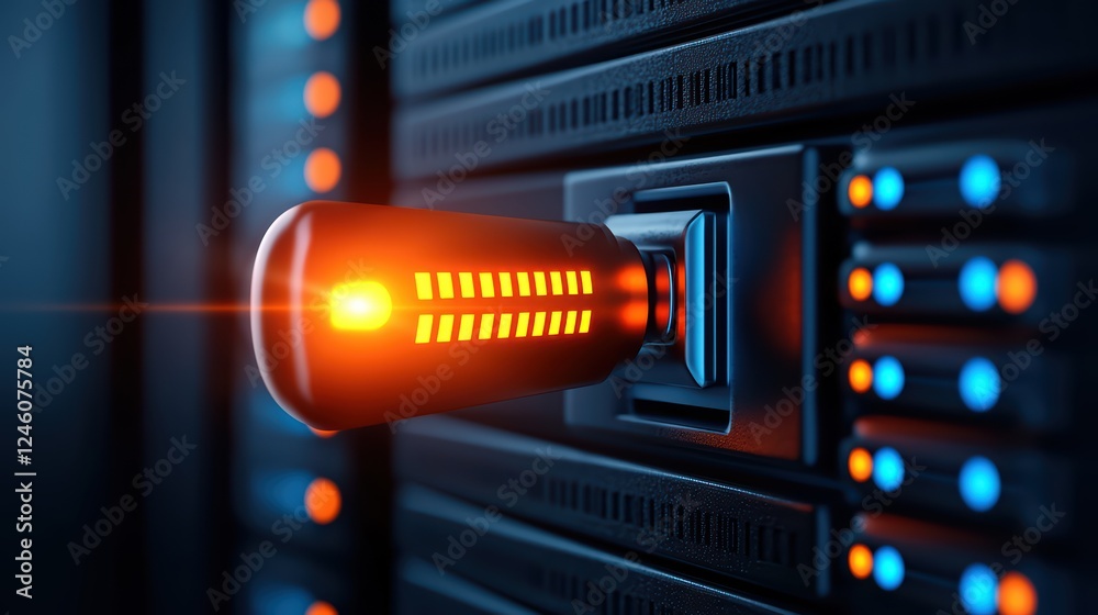 Poster glowing control switch on a server rack with technology vibes