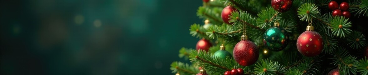 The branches of a tall Christmas tree are adorned with colorful ornaments, evergreen branches, holly berries