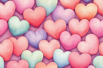 Obraz premium A colorful watercolor pattern of hearts expressing love and affection.