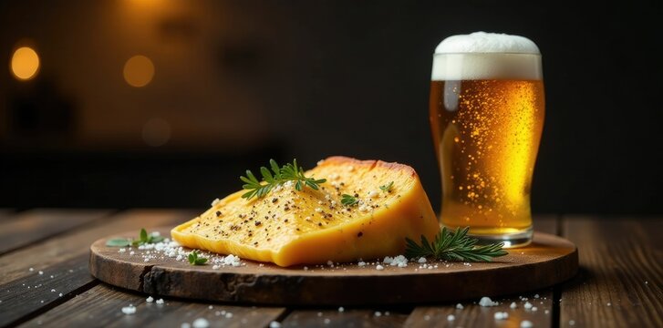 Tapa de cerveza con espuma latas y botellas desenfocadas en un fondo oscuro, noche, cerveza