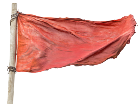A red flag with tattered edges on transparent background