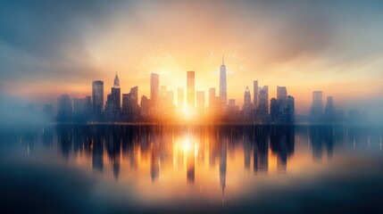 Fototapeta premium Spectacular fireworks display over vibrant city skyline urban landscape nighttime celebration reflective waters dazzling colors