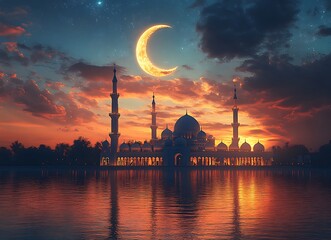 Fototapeta premium Majestic Mosque Illuminated by Sunset with Crescent Moon Reflecting on Calm Waters
