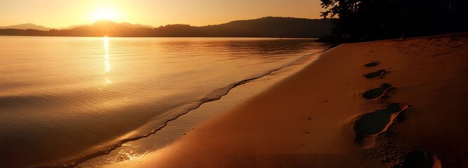 A peaceful beach scene at sunset, where the sun is rays stretch across the water, turning the sea into a canvas of warm colors. The beach is empty, with only a few footprints left behind in the sand.