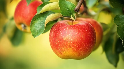 Obraz premium Ripe Red Apple on Branch with Green Leaves