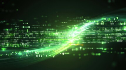 This image features an abstract green background with digital code and light streaks, representing technology, data, and futuristic elements in a dynamic environment.