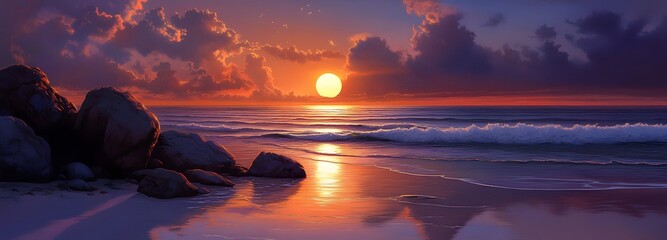 A serene beach sunset scene with the sun setting behind a cluster of rocks, casting a fiery reflection on the calm water. The sky transitions from warm oranges to deep purples, while the gentle waves