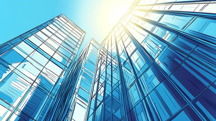 Obraz premium Glass Facade of a Modern Office Building Modern office building with blue sky and glass facade, depicting the concept of economy and finance from a bottom-up