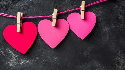 Colorful Heart Shapes Hanging on a String Against a Black Background