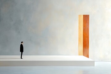 Individual contemplates an open door in a minimalist setting that suggests choice and opportunity