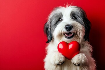Ad campaign concept art. Cute old english sheepdog hound with animal toy red heart - emblem of love, funny greeting card. Old english sheepdog - my treasured dog. Dog love photography.