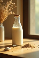 A glass bottle filled with creamy plant-based milk sits on a sunlit wooden surface next to a small pile of grains