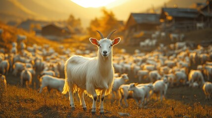 Naklejka premium Scenic sunset with a white goat in a field surrounded by a flock of sheep in a rural landscape