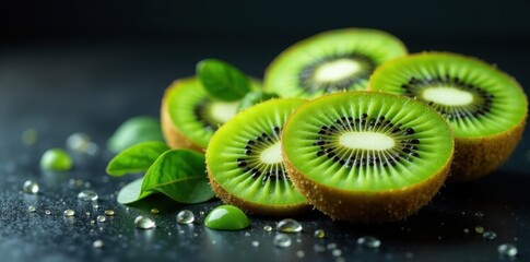 A vibrant close-up showcasing succulent kiwi fruit slices, glistening with moisture, artfully arranged with lush green leaves on a dark surface.