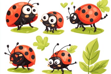 Fototapeta premium Playful ladybugs on green leaves nature illustration whimsical design vibrant colors close-up perspective