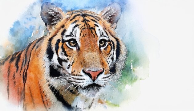 Vibrant Watercolor Masterpiece A CloseUp Portrait of an Intense Tigers Face and Head, Showcasing the Artistry of the Swirling Brushstrokes and Vivid Colors that Capture the Essence of Natures