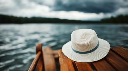 An elegant straw hat rests peacefully on a wooden dock, capturing the tranquility of nature and emphasizing the beauty of summertime by the water.