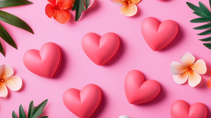Colorful hearts and flowers create a vibrant romantic atmosphere on pink background.