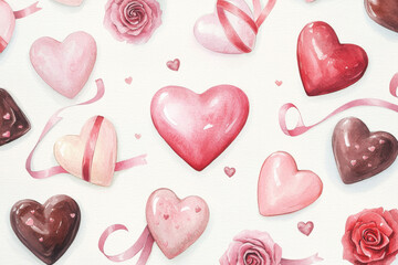 Obraz premium Colorful heart-shaped chocolates and roses on a white background for celebrations.
