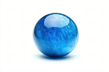 Captivating blue glass orb with intricate patterns reflecting light on a pristine white surface
