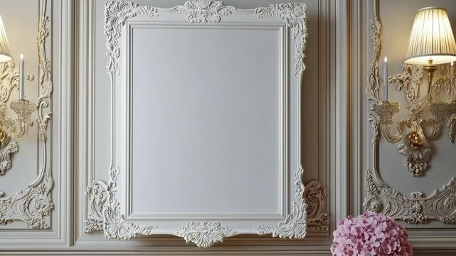 Elegant decorative wall featuring a blank ornate frame with floral arrangement in a luxurious interior setting