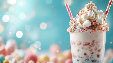 An enticing ice cream dessert topped with rainbow sprinkles, marshmallows, and vibrant straws evokes feelings of childhood joy, sweetness, and delightful summer indulgence.