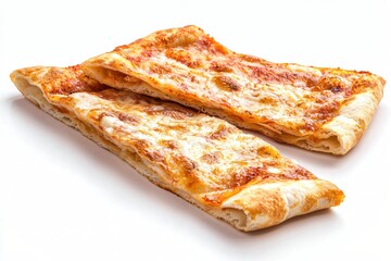 Delicious rectangular pizza slices with melted cheese and tomato sauce on white surface