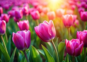 Fototapeta premium Sunlit spring: a miniature pink tulip meadow, captured in vibrant macro detail, tilt-shift effect.