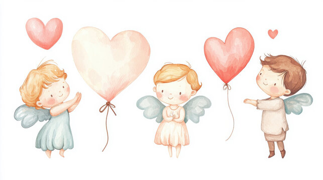 Three charming angels holding heart balloons, expressing love and joy in a whimsical style. isolated on white background.