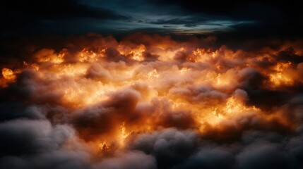 This mesmerizing image showcases a chaotic scene of fiery clouds engulfed in vibrant orange and red flames, invoking feelings of intensity and awe in the viewer's mind.