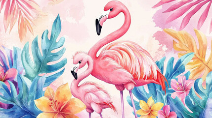 Two pink flamingos surrounded by tropical flowers and vibrant leaves in a lush setting.